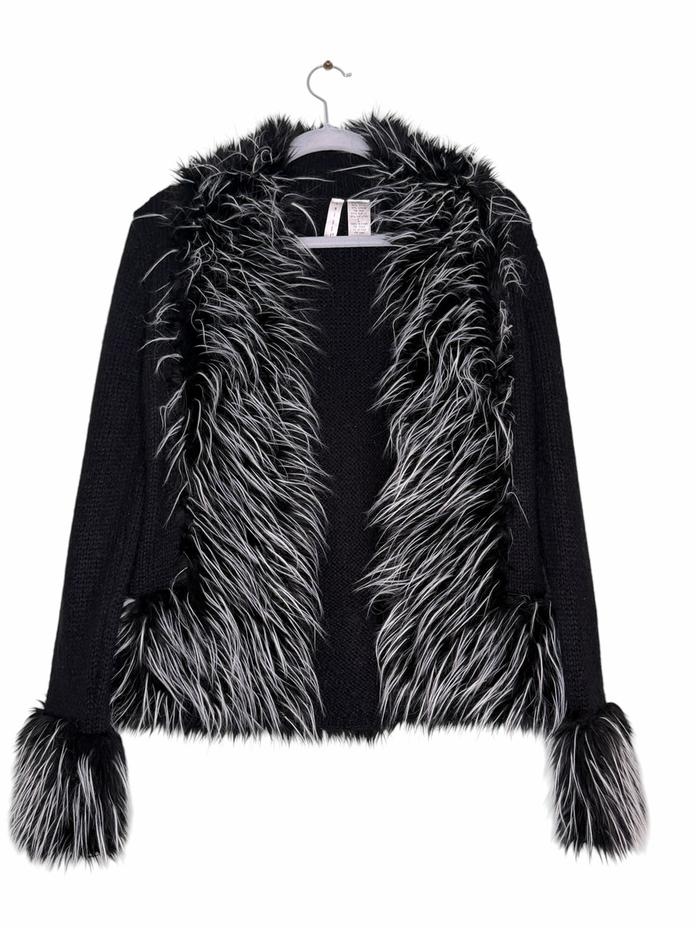 Y2K Twiggy Faux Fur Trim Black Women's Open Cardigan Sweater